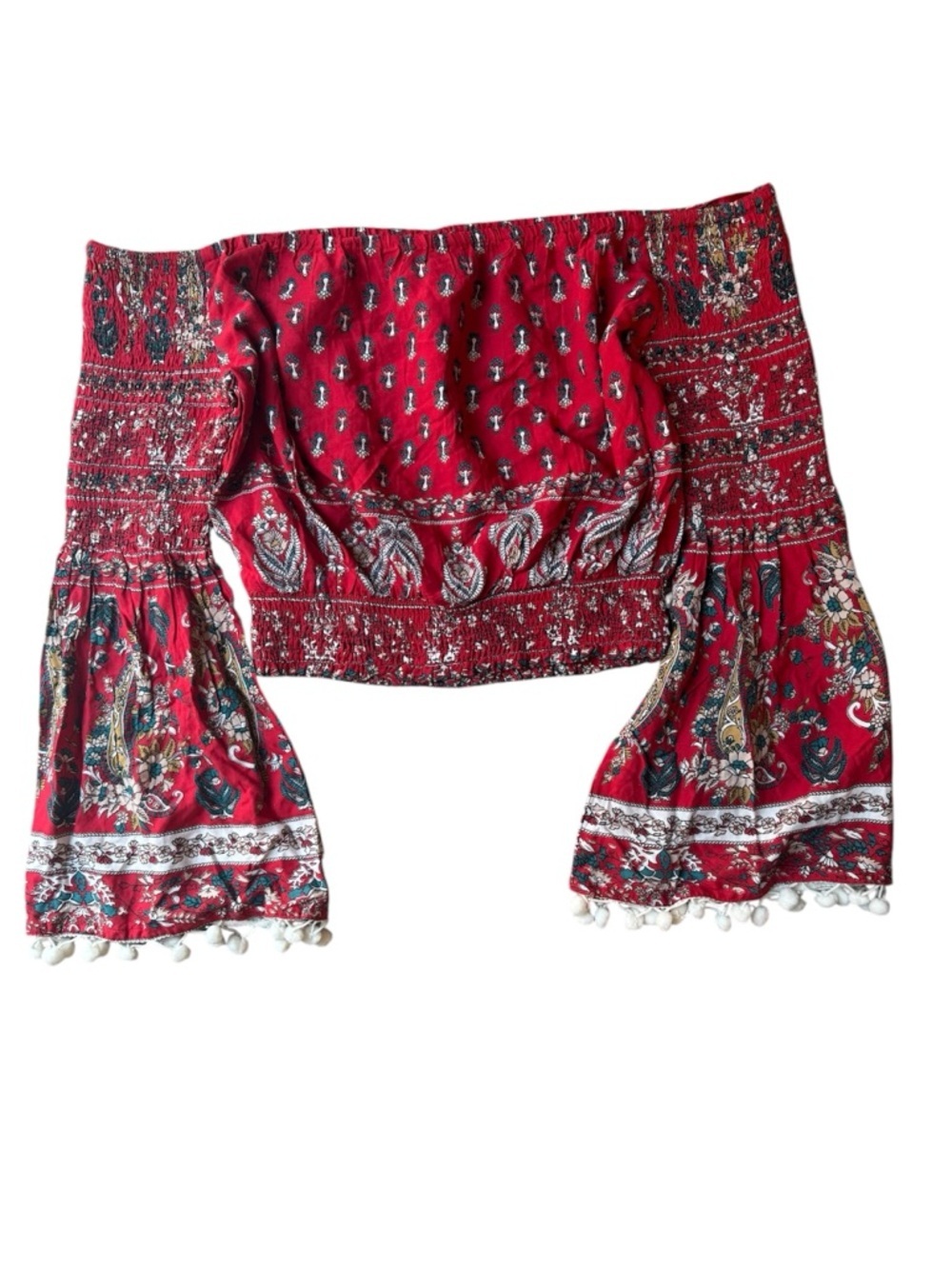 Band of Gypsies Red Off-Shoulder Boho Peasant Blouse with Tassel Tie - Picture 3 of 4